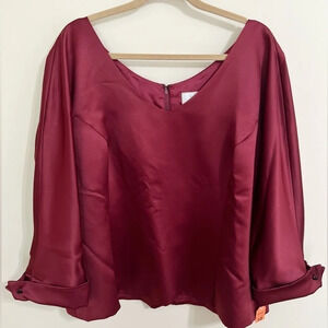 VIE BY VICTORIA ROYAL Women’s VINTAGE Cuffed Sleeve V Neck Burgundy Top 18‎